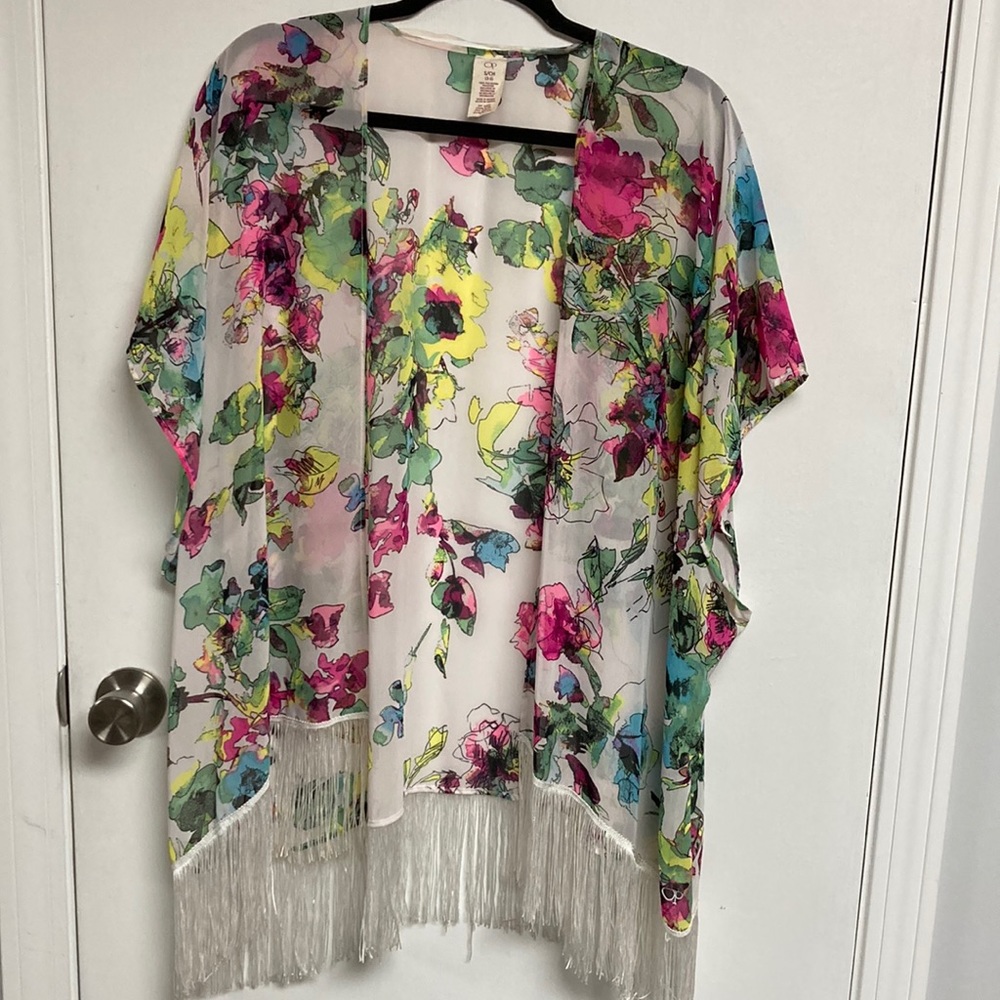 Kimono coverup by OP.  White with bright floral pastel colors.